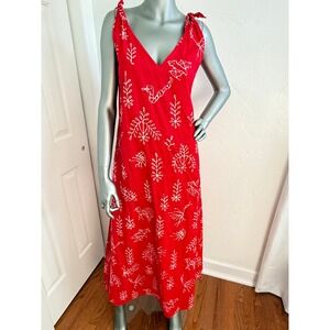 Vintage J. Peterman Co Red Cotton Maxi Dress S Tie Shoulder Indonesia Folk Print